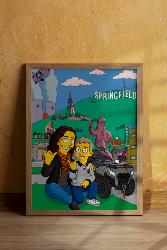 Póster con Retrato Caricaturesco Personalizado - Paisaje Urbano Enmarcado